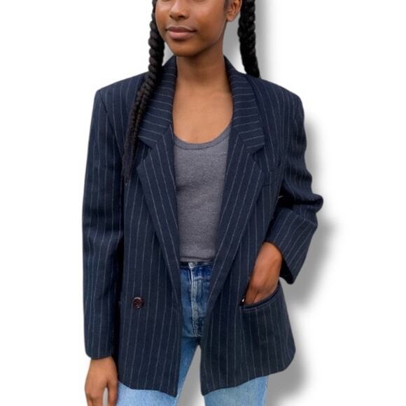 Vintage 80s Sweet Suit Petite Navy Pinstripe Wool Blend Blazer Jacket Size 4 - Picture 1 of 10